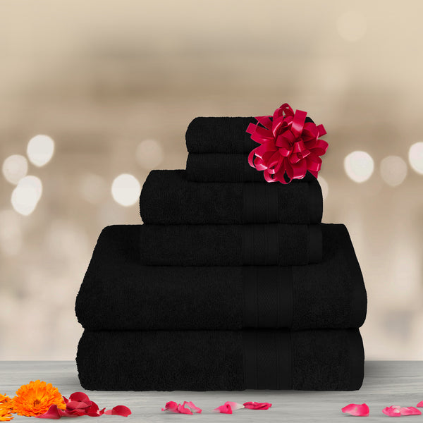 Soft Comfort 6Pc Towel Set, Black|509 GSM Cotton|Air Rich Technology
