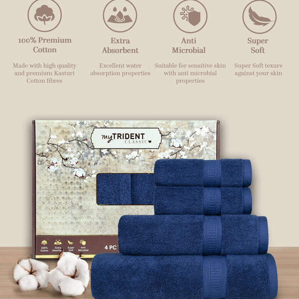 Classic Kasturi 4pc Towel Gift Set, Medieval Blue|509 GSM Cotton