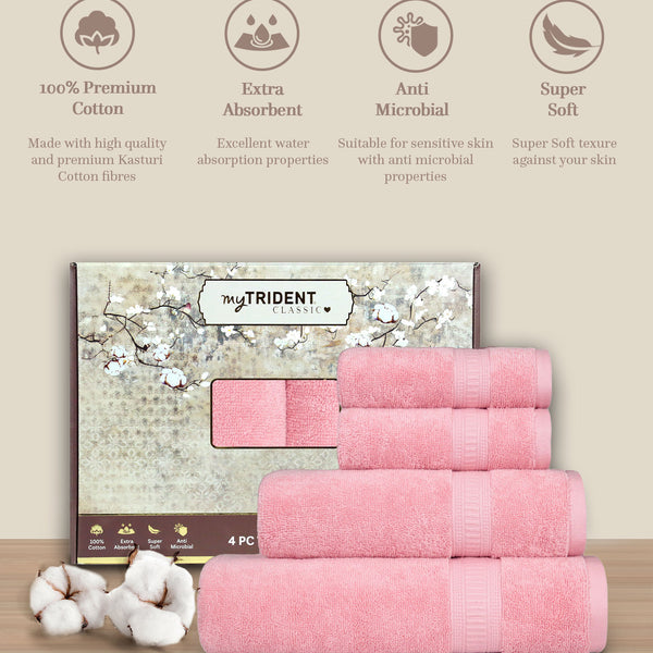 Classic Kasturi 4pc Towel Gift Set, Victorian Pink|509 GSM Cotton