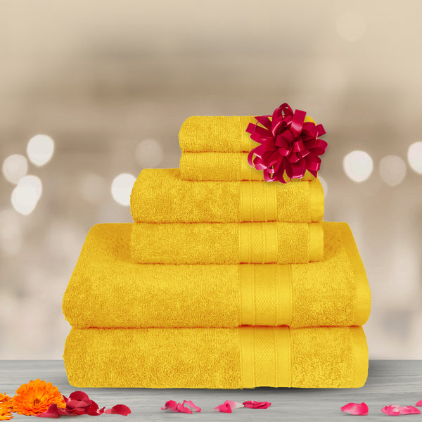 Soft Comfort 6Pc Towel Set, Mustard, Yellow|509 GSM Cotton|Air Rich Technology