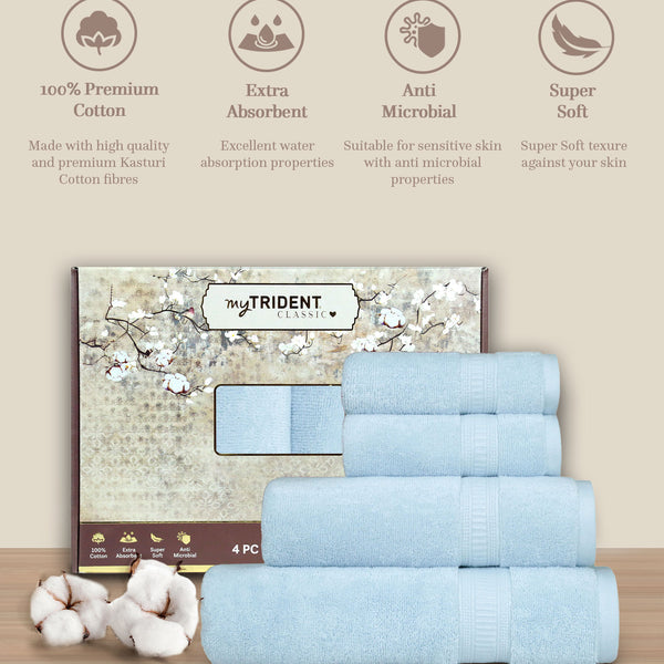 Classic Kasturi 4pc Towel Gift Set, Pure Aqua|509 GSM Cotton