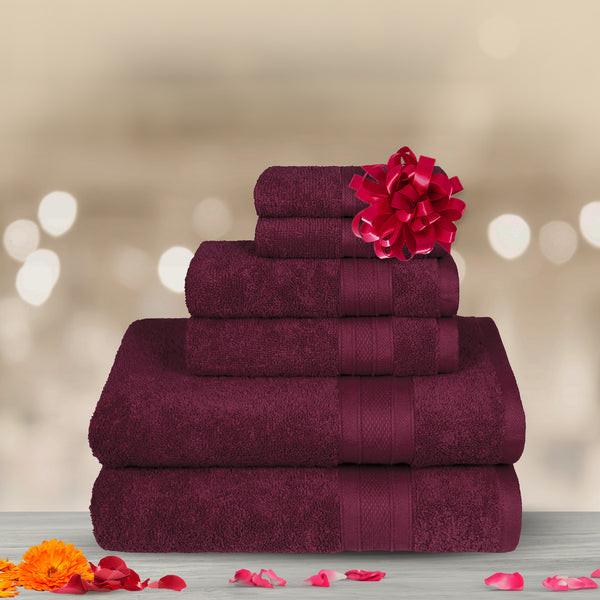 Soft Comfort 6Pc Towel Set, Red Wine|509 GSM Cotton|Air Rich Technology