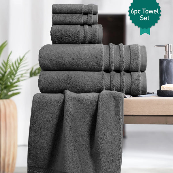Luxury 6 PC Towel Set, Charcoal|625 GSM Cotton|Anti Microbial