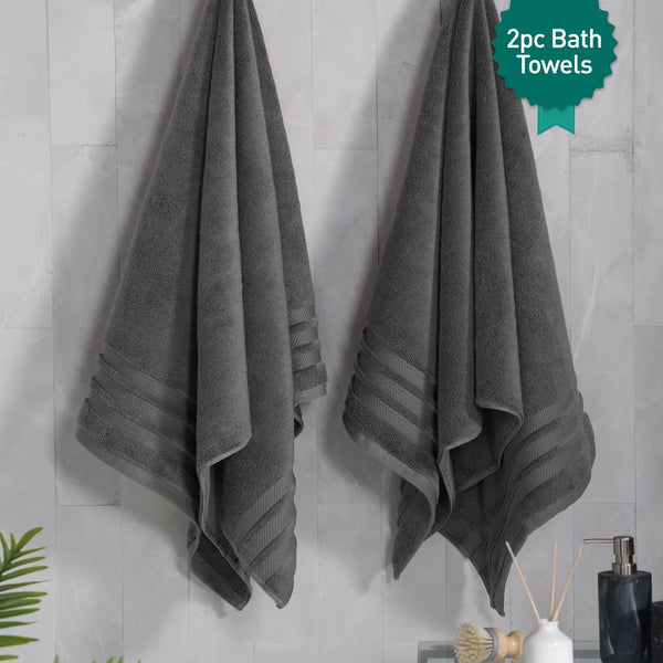 Luxury 2 PC Bath Towel Set, Charcoal|625 GSM Cotton|Anti Microbial