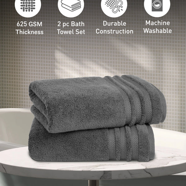 Luxury 2 PC Bath Towel Set, Charcoal|625 GSM Cotton|Anti Microbial