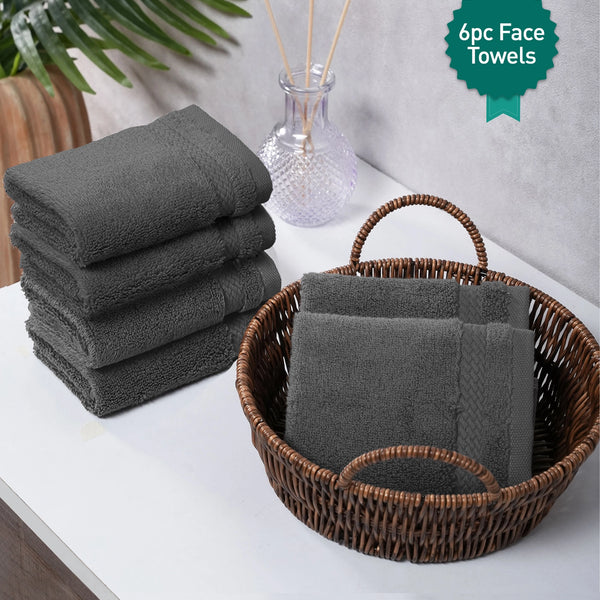 Luxury 6 PC Face Towel Set, Charcoal|625 GSM Cotton|Anti Microbial