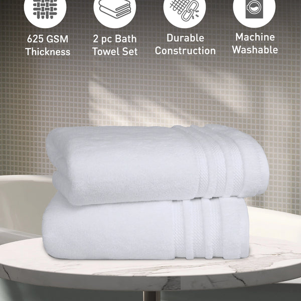 Luxury 2 PC Bath Towel Set, White|625 GSM Cotton|Anti Microbial