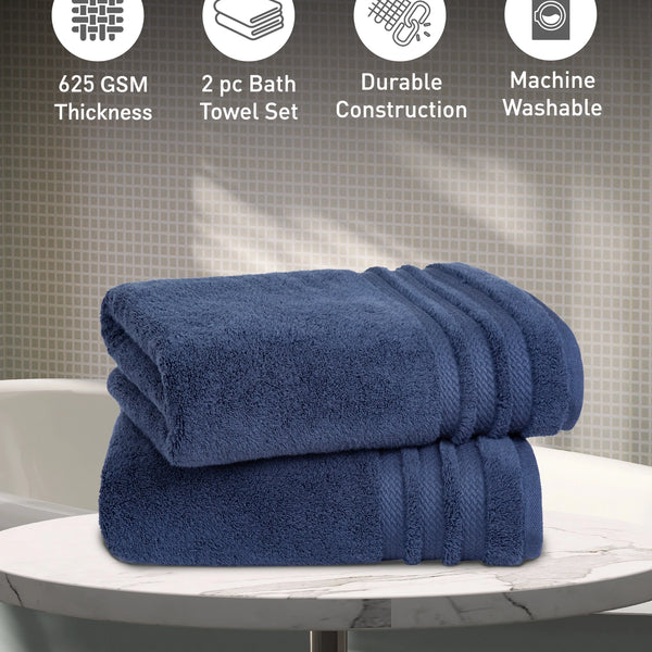 Luxury 2 PC Bath Towel Set, Navy|625 GSM Cotton|Anti Microbial