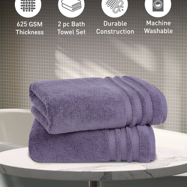 Luxury 2 PC Bath Towel Set, Purple|625 GSM Cotton|Anti Microbial