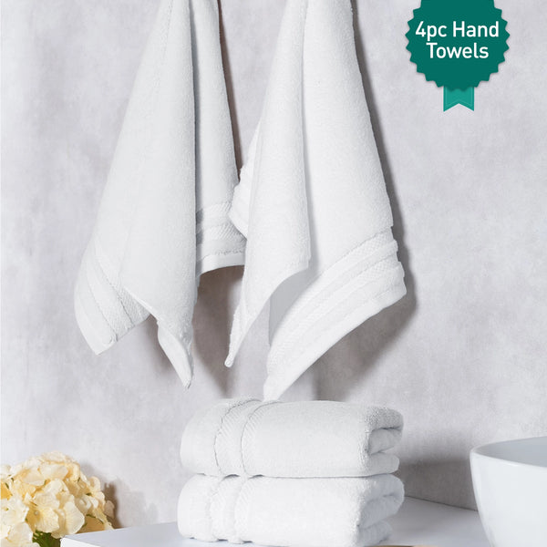 Luxury 4 PC Hand Towel Set, White|625 GSM Cotton|Anti Microbial