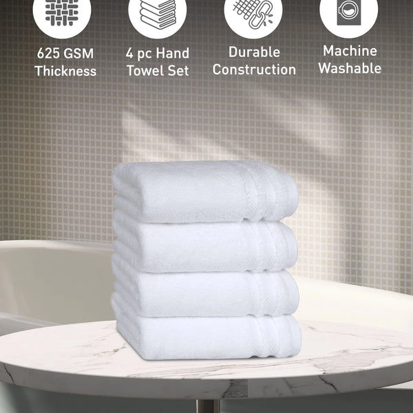 Luxury 4 PC Hand Towel Set, White|625 GSM Cotton|Anti Microbial