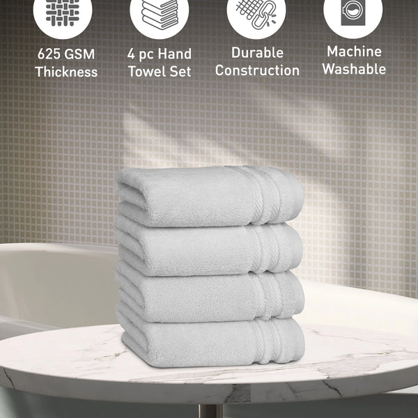 Luxury 4 PC Hand Towel Set, Grey|625 GSM Cotton|Anti Microbial