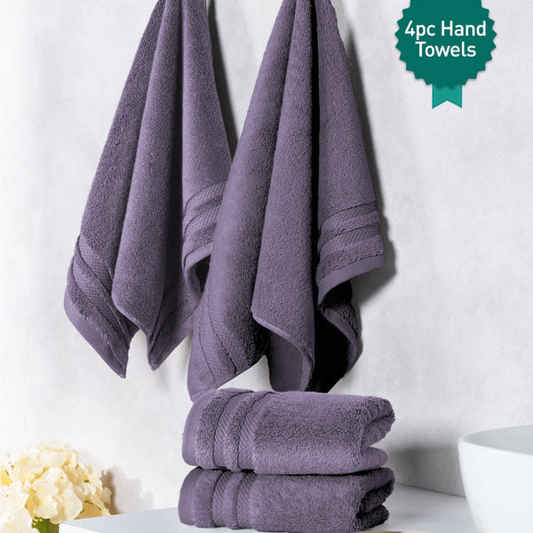 Luxury 4 PC Hand Towel Set, Purple|625 GSM Cotton|Anti Microbial