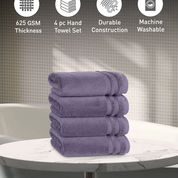 Luxury 4 PC Hand Towel Set, Purple|625 GSM Cotton|Anti Microbial