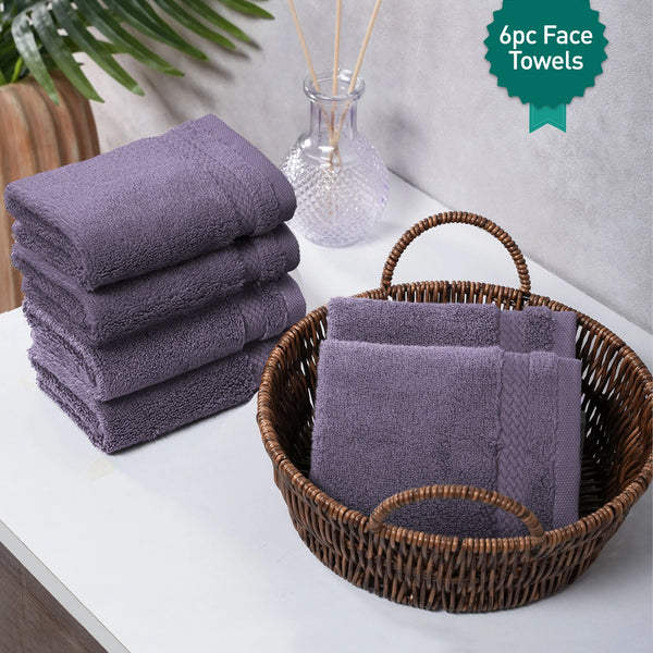 Luxury 6 PC Face Towel Set, Purple|625 GSM Cotton|Anti Microbial