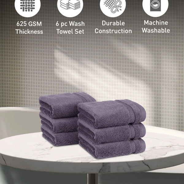 Luxury 6 PC Face Towel Set, Purple|625 GSM Cotton|Anti Microbial
