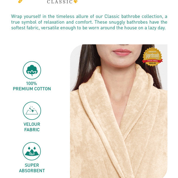 Classic Unisex Large Bathrobe, Bleached Sand| 300 GSM Cotton| Velvet Touch