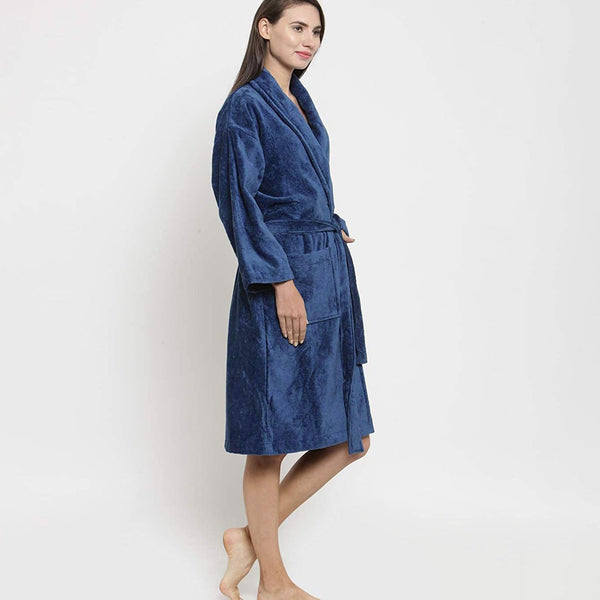 Classic Unisex Large Bathrobe, Medieval Blue| 300 GSM Cotton| Velvet Touch