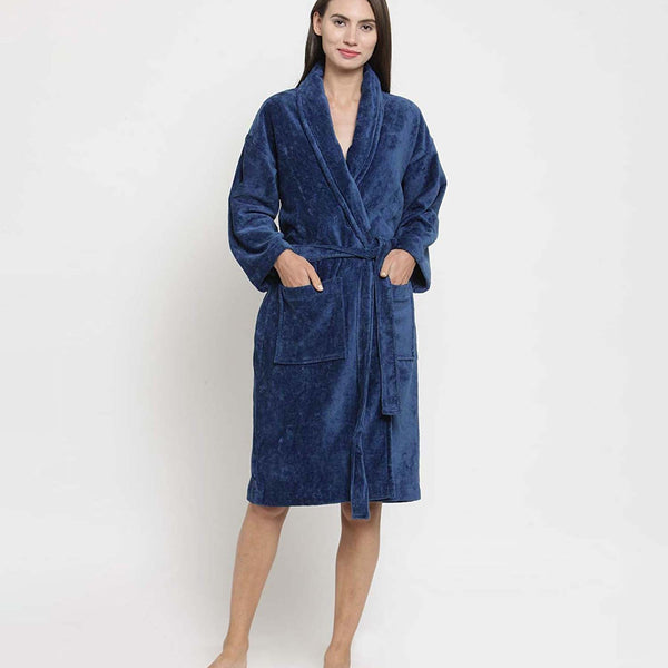 Classic Unisex Large Bathrobe, Medieval Blue| 300 GSM Cotton| Velvet Touch
