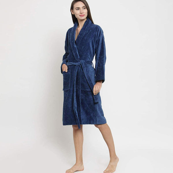 Classic Unisex Large Bathrobe, Medieval Blue| 300 GSM Cotton| Velvet Touch