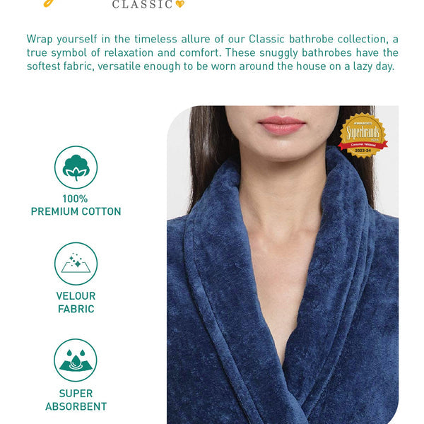 Classic Unisex Large Bathrobe, Medieval Blue| 300 GSM Cotton| Velvet Touch