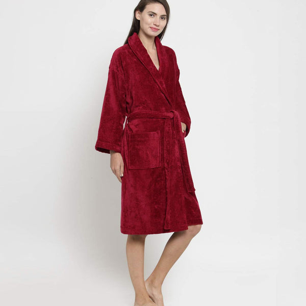 Classic Unisex Large Bathrobe, Raspberry Red|300 GSM Cotton|Sheared Velvet Touch