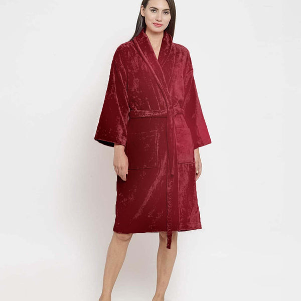 Classic Unisex Large Bathrobe, Raspberry Red|300 GSM Cotton|Sheared Velvet Touch