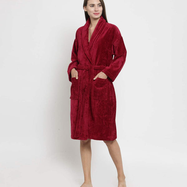 Classic Unisex Large Bathrobe, Raspberry Red|300 GSM Cotton|Sheared Velvet Touch