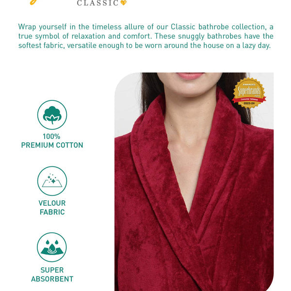 Classic Unisex Large Bathrobe, Raspberry Red|300 GSM Cotton|Sheared Velvet Touch