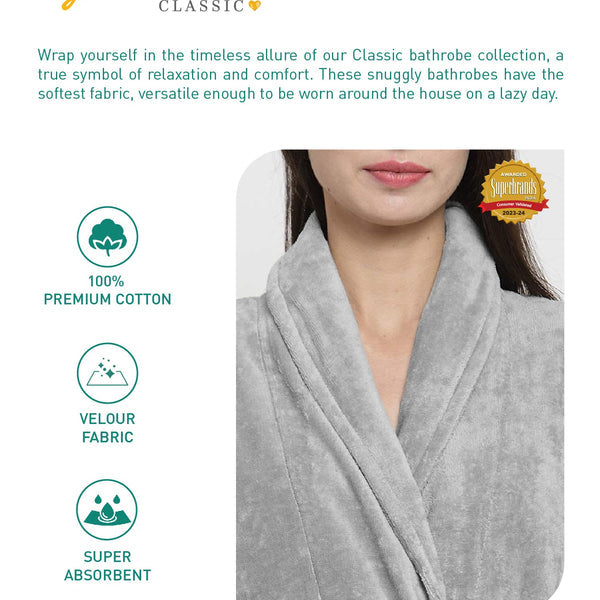 Classic Unisex Large Bathrobe, Real Steel|300 GSM Cotton|Sheared Velvet Touch