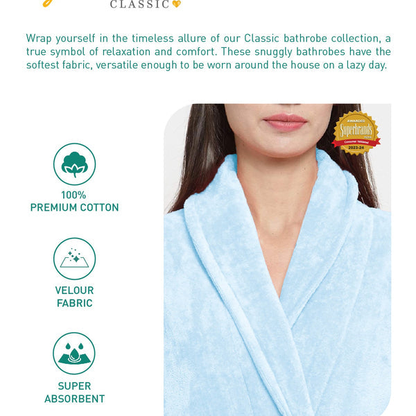 Classic Unisex Large Bathrobe, Pure Aqua| 300 GSM Cotton| Velvet Touch
