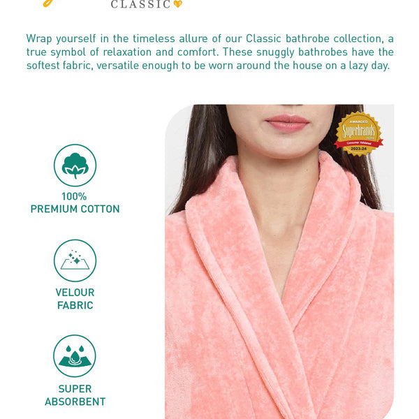Classic Unisex Large Bathrobe, Tender Peach| 300 GSM Cotton| Velvet Touch