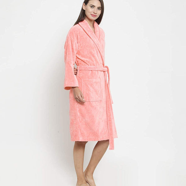 Classic Unisex Medium Bathrobe, Tender Peach| 300 GSM Cotton| Velvet Touch