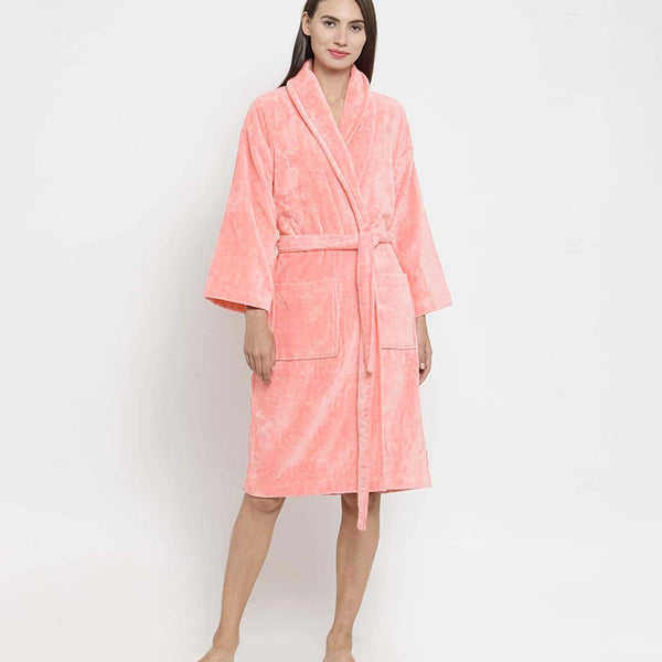 Classic Unisex Medium Bathrobe, Tender Peach| 300 GSM Cotton| Velvet Touch