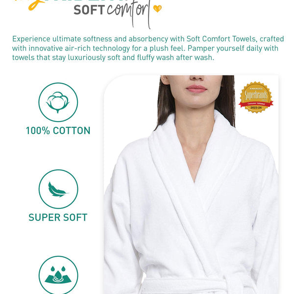 Soft Comfort Unisex Medium Bathrobe, Dream White| 300 GSM Cotton| Sheared Velvet Touch