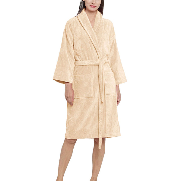 Soft Comfort Unisex Medium Bathrobe, Bleached Sand| 300 GSM Cotton| Sheared Velvet Touch