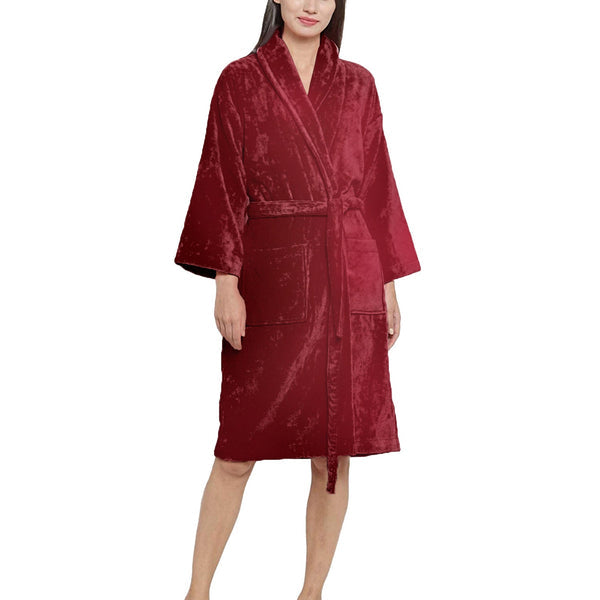 Soft Comfort Unisex Medium Bathrobe, Raspberry Red| 300 GSM Cotton| Sheared Velvet Touch