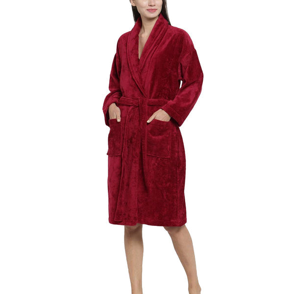 Soft Comfort Unisex Medium Bathrobe, Raspberry Red| 300 GSM Cotton| Sheared Velvet Touch