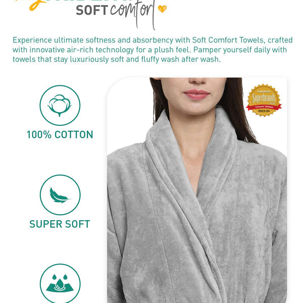 Soft Comfort Unisex Medium Bathrobe, Real Steel| 300 GSM Cotton| Sheared Velvet Touch