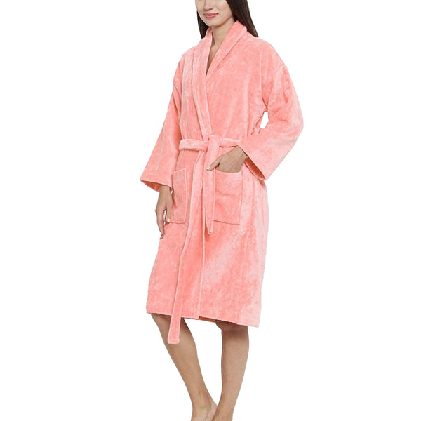 Soft Comfort Unisex Medium Bathrobe, Tender Peach| 300 GSM Cotton| Sheared Velvet Touch