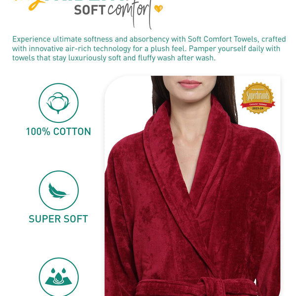 Soft Comfort Unisex Large Bathrobe, Raspberry Red| 300 GSM Cotton| Sheared Velvet Touch