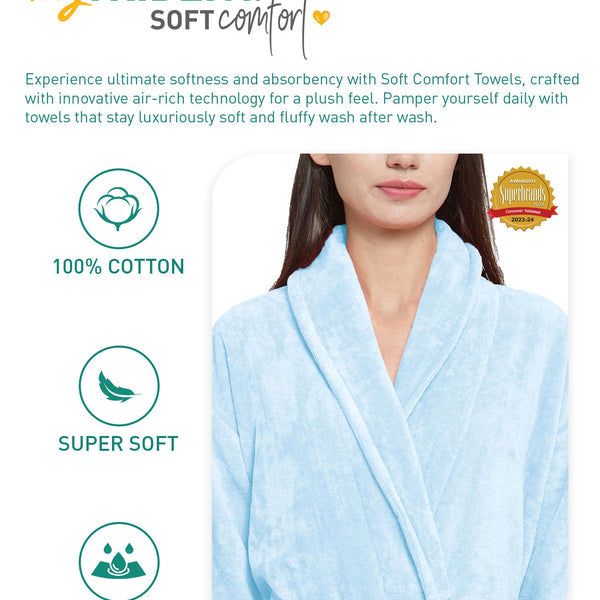Soft Comfort Unisex Large Bathrobe, Pure Aqua| 300 GSM Cotton| Sheared Velvet Touch