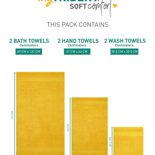 Soft Comfort 6Pc Towel Set, Mustard, Yellow|509 GSM Cotton|Air Rich Technology