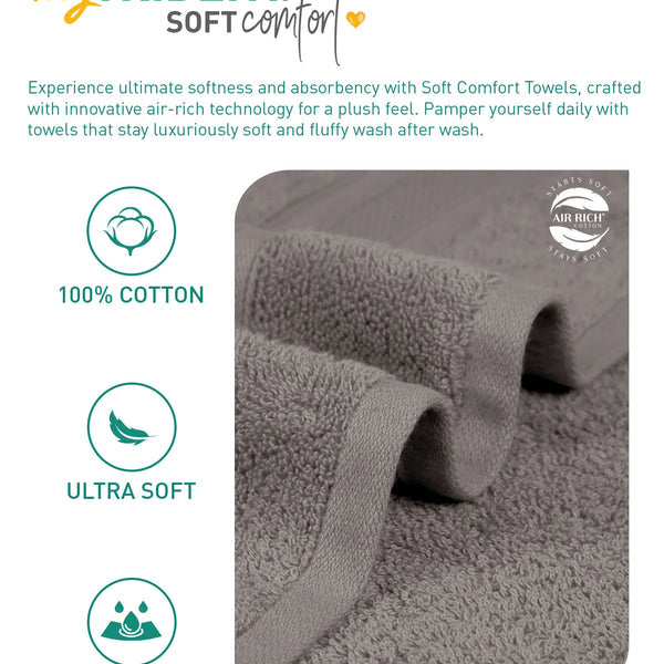 Soft Comfort 4Pc Hand Towel Set, Charcoal|509 GSM Cotton|Air Rich Technology