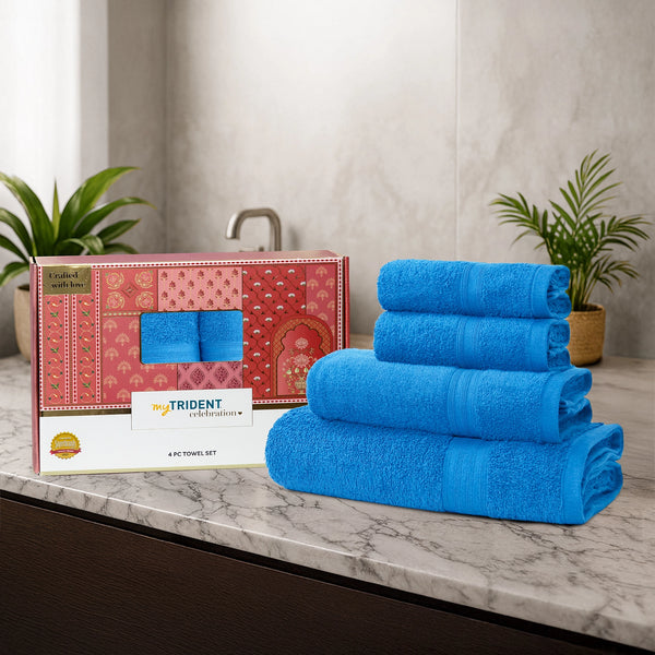 Celebration 4Pc Towel Gift set, Perfect Blue | 450 GSM Cotton