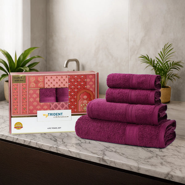 Celebration 4Pc Towel Gift set, Red Wine | 450 GSM Cotton