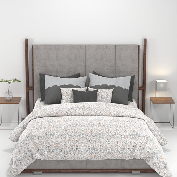 Carnival Ornate Queen Bedsheet, Mehandi Grey |144 TC Cotton| 2 Pillow Covers