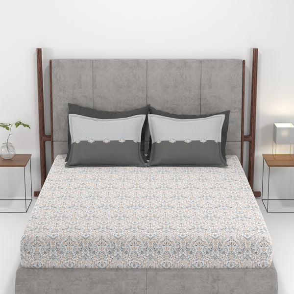 Carnival Ornate Queen Bedsheet, Mehandi Grey |144 TC Cotton| 2 Pillow Covers