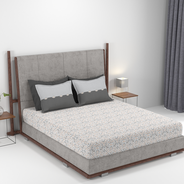 Carnival Ornate Queen Bedsheet, Mehandi Grey |144 TC Cotton| 2 Pillow Covers