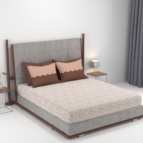 Carnival Ornate Queen Bedsheet, Mehandi Rust |144 TC Cotton| 2 Pillow Covers
